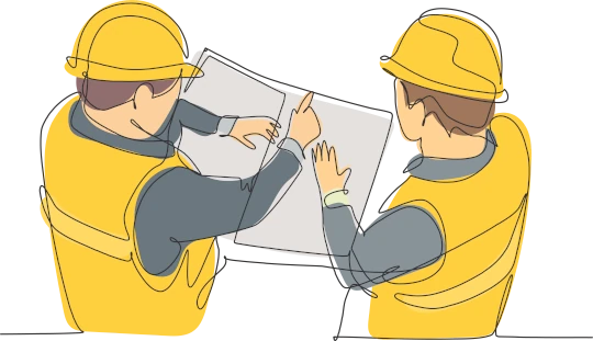 Two men stand in a factory and look at plans