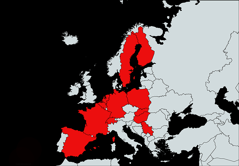 Map of Europe with marked Countries in which the company has implemented projects.